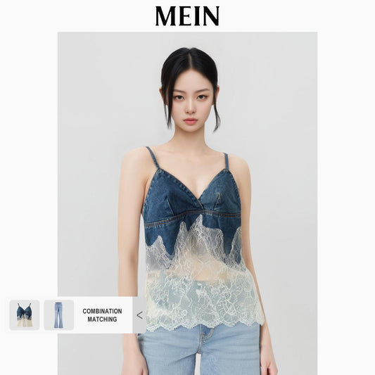 [MEIN] GIRL POWER Denim Lace Vest for Women Tops tanktop 512