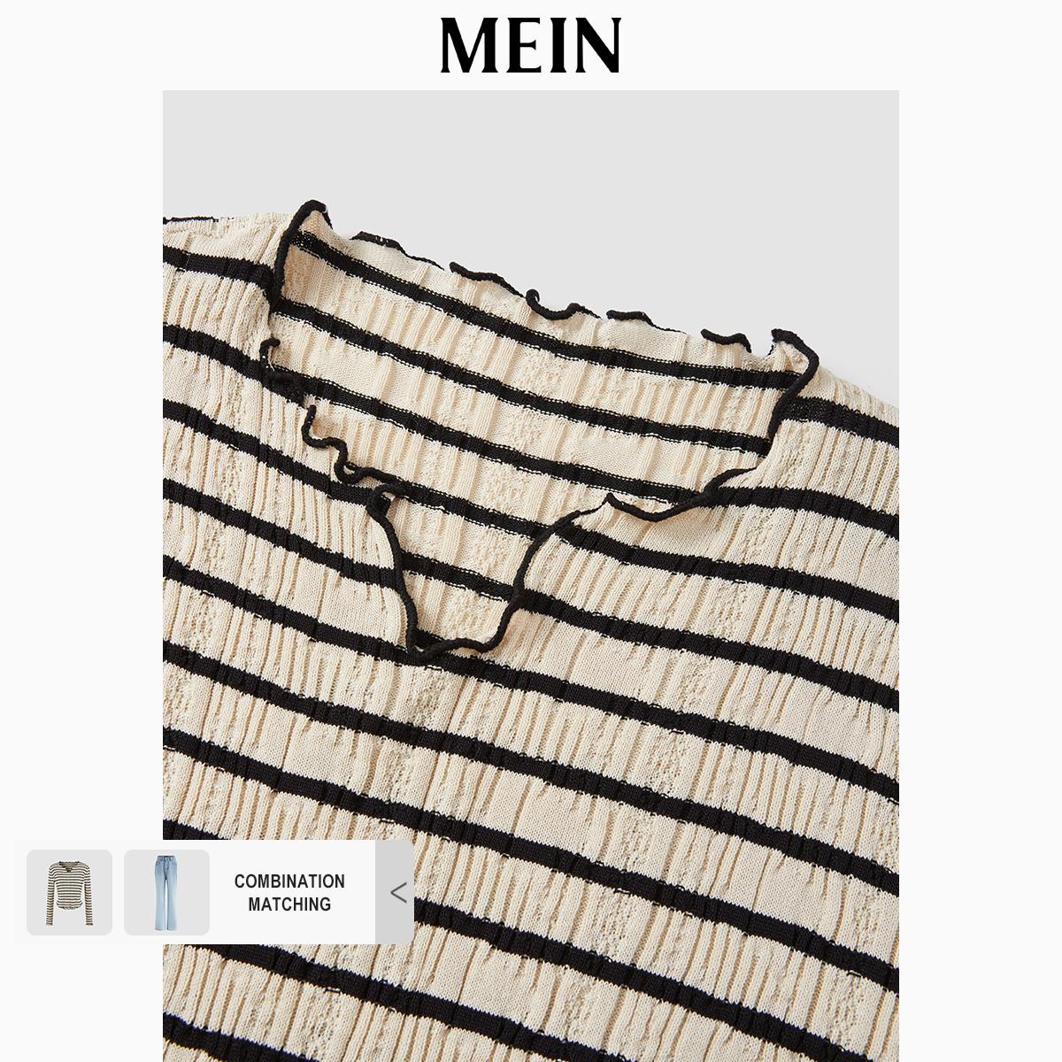[MEIN] Urban Women's V-Neck Ruffled Long-Sleeve T-Shirt, Striped Patterned Top 5430