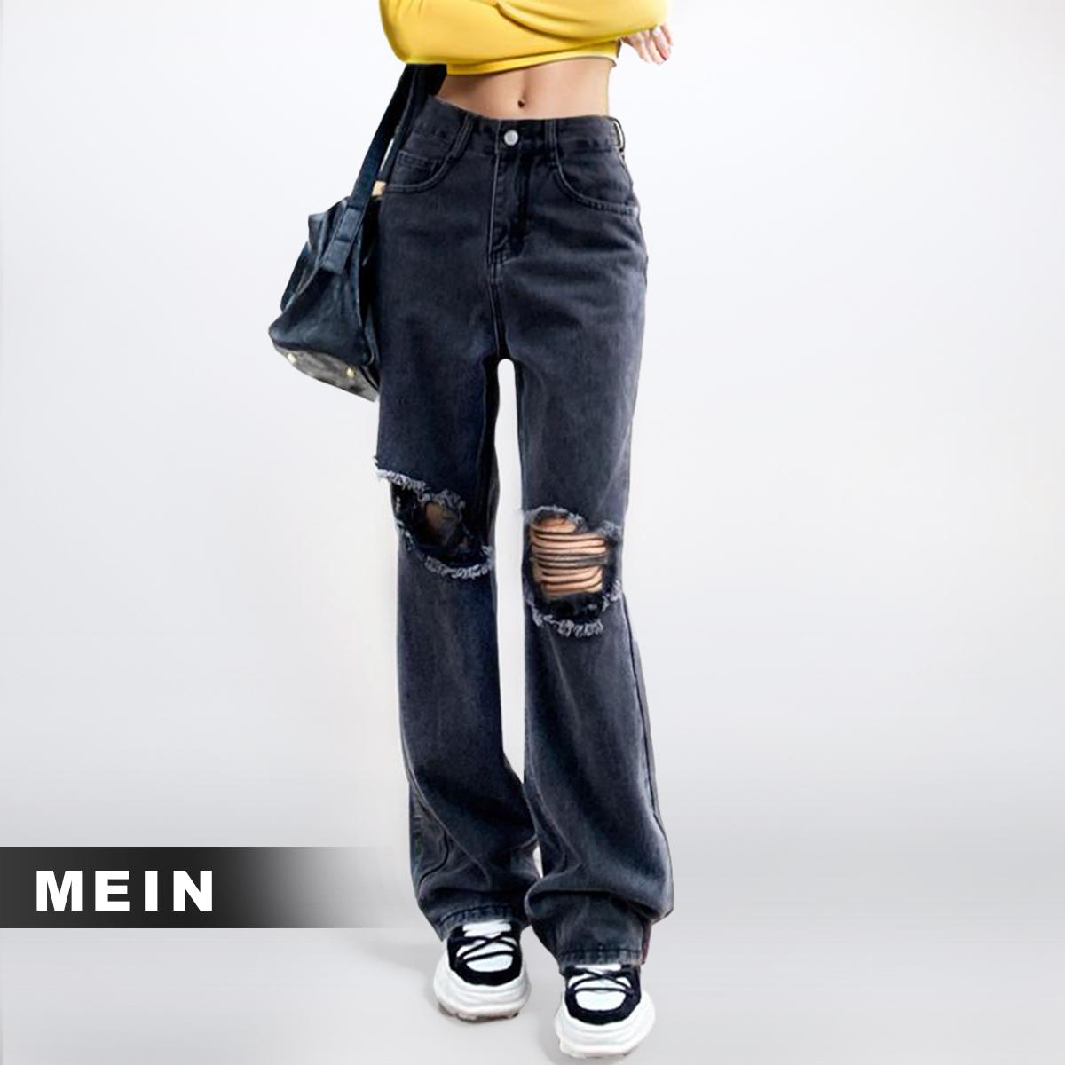 [MEIN] 52384 Celana Panjang Highwaist Wanita Premium Polos Ripped Jeans Hitam
