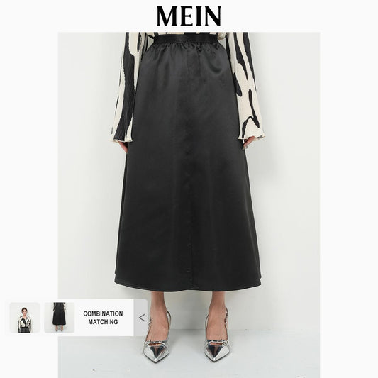 [MEIN] ELEGANT Women's Basic Black Mid-Length Skirt 6578