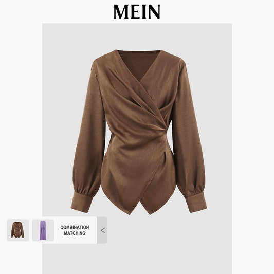 [MEIN] ELEGANT Coffee-Colored Women's V-Neck Pleated Loose Elegant Tops 669322