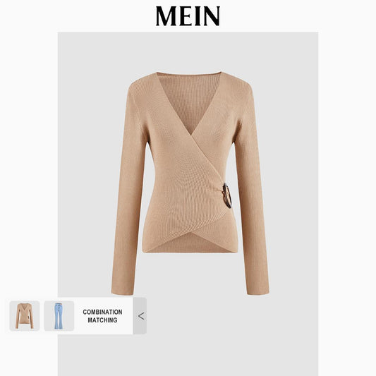 [MEIN] ELEGANT Women's Long-Sleeve T-Shirt, Brown Casual Knitwear Cardigan Top 4448