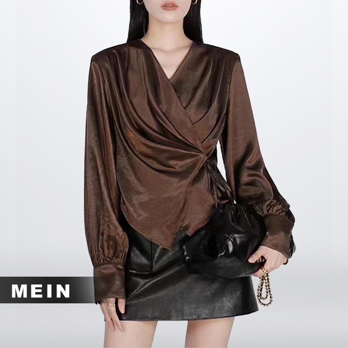 [MEIN TOPFASHION] 669322 Warna Kopi Women Shirts V-Neck Pleated Loose Elegant Tops