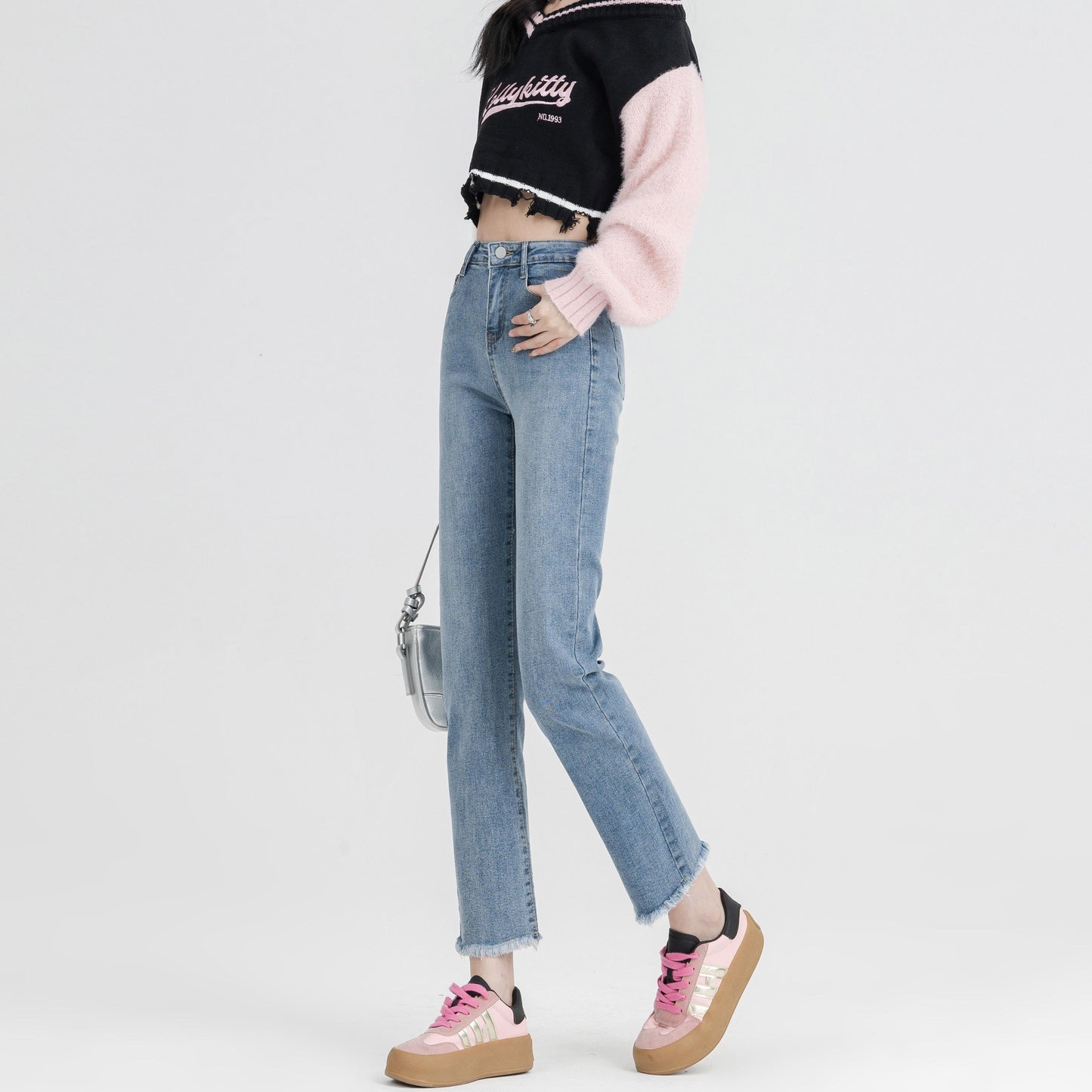 [MEIN] 8102 Straight-Leg Jeans High Waist Jeans Kaki Katun Panjang Celana Boyfriend