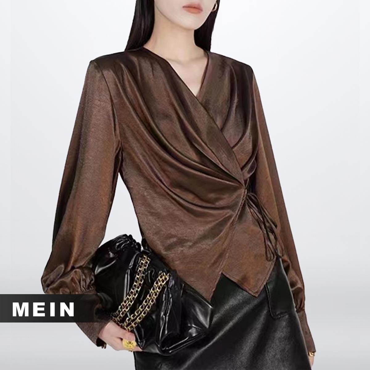 [MEIN TOPFASHION] 669322 Warna Kopi Women Shirts V-Neck Pleated Loose Elegant Tops