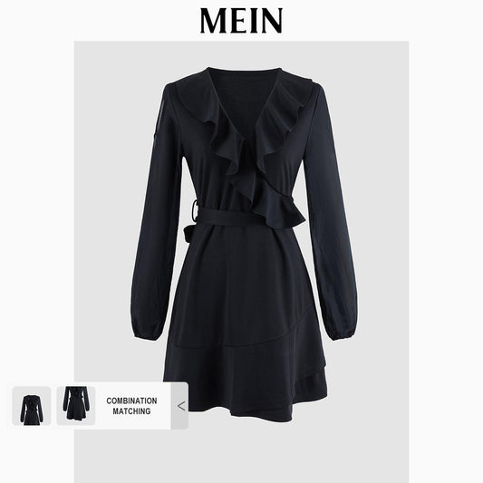 [MEIN] GIRL POWER  Black Off-Shoulder Mini Dress with Sheer Sleeves 6164