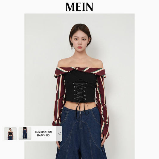 [DareToBe Collection][NEW ARRIVAL] GIRL POWER Off-Shoulder Lace-Up Striped Casual Shirt Corset Top 92040